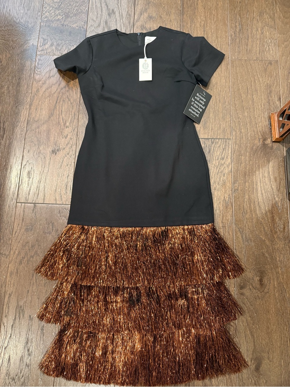 Hyacinth House Black Short-Sleeve Midi Dress with Metallic Brown Fringe Tiers